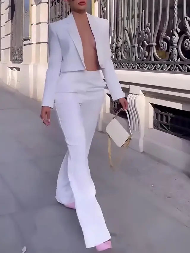 Solid Color Short Blazer & High waisted Pants Two piece Set White - Shop at LoveMi