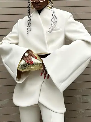 Long Sleeve Short Jacket & Button Pants Set - White