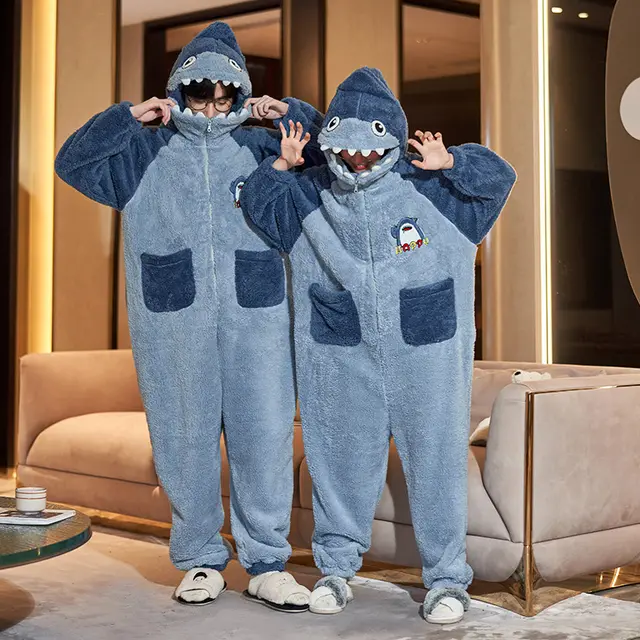 Cute Cartoon Jumpsuit Homewear Couple One piece Nightgown Coral Fleece Winter Thickened Plush Pajamas For Women Home Clothes Color2827 - Shop at LoveMi