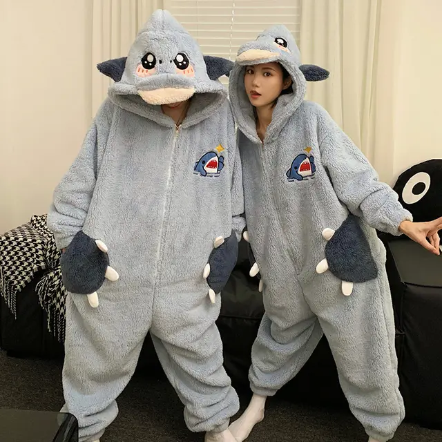Cute Cartoon Jumpsuit Homewear Couple One piece Nightgown Coral Fleece Winter Thickened Plush Pajamas For Women Home Clothes Color8830 - Shop at LoveMi