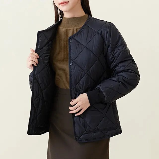 New Rhombus Sewing Cotton Coat Winter Warm Round neck Jacket With Pockets Lightweight Outerwear For Women's Clothing Sided Black - Shop at LoveMi
