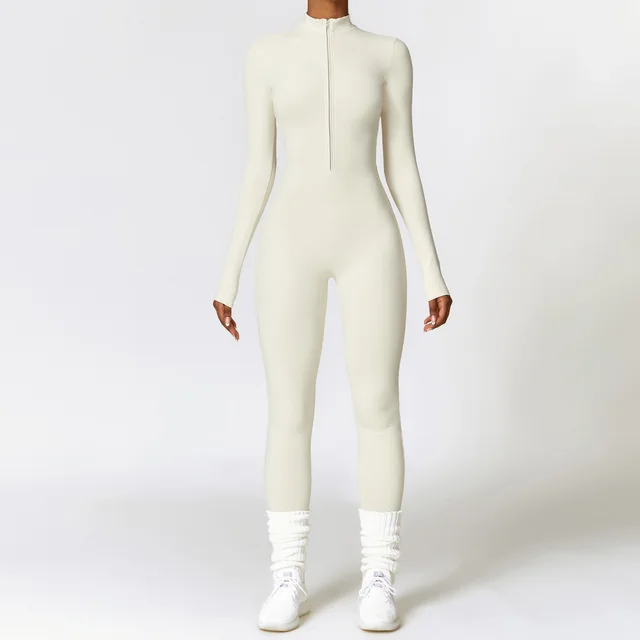 Warm Zipper Long sleeved Jumpsuit Yoga Fitness Sports Pants Breathable Bodysuit Women's Clothing Cream Apricot - Shop at LoveMi