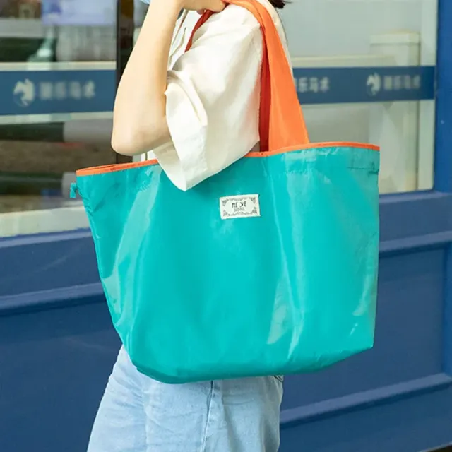 Large Capacity Reusable Drawstring Bag Nylon Foldable Grocery Bag Tote Shopping Bag Eco Large Polyester Beach Bags Totes Blue - Shop at LoveMi