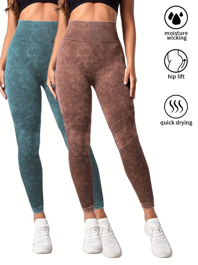 2 Pack Women's Seamless Washed Wide Waistband Sports Leggings, Women's High Waist Yoga Leggings, Textured Tummy Control Ruched Booty Tights Push Up Yoga Pants 2Pack3 - Shop at LoveMi