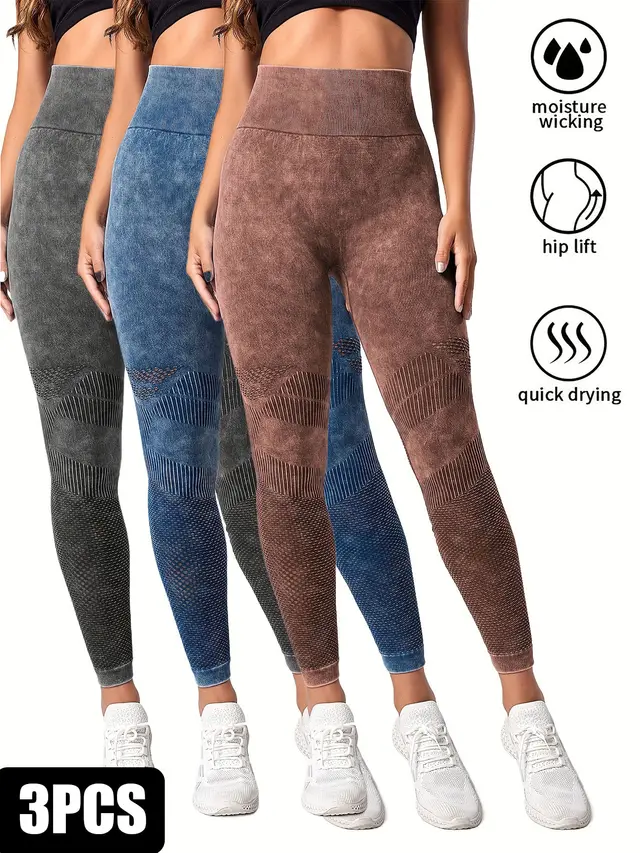 3 Pack Women's Seamless Washed Wide Waistband Sports Leggings, Women's High Waist Yoga Leggings, Textured Tummy Control Ruched Booty Tights Push Up Yoga Pants 3Pack1 - Shop at LoveMi