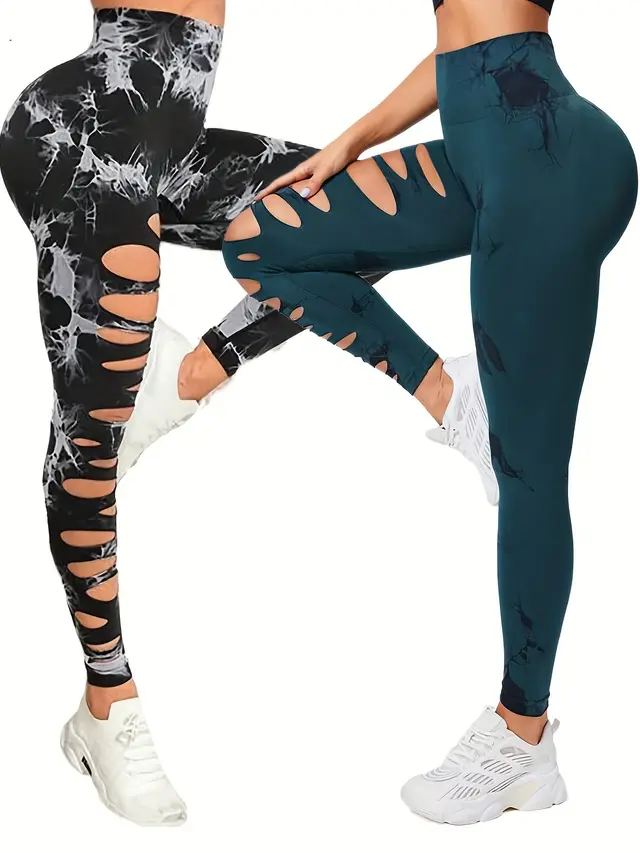 2 Pack Hollow Sexy High Elastic Women's Tie Dye Cutout Tights High Waist Workout Yoga Leggings, Scrunch Butt Lifting Elastic Pants, Tummy Control B... 2Pack12 - Shop at LoveMi
