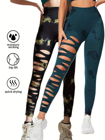 2 Pack Hollow Sexy High Elastic Women's Tie Dye Cutout Tights High Waist Workout Yoga Leggings, Scrunch Butt Lifting Elastic Pants, Tummy Control B... 2Pack15 - Shop at LoveMi