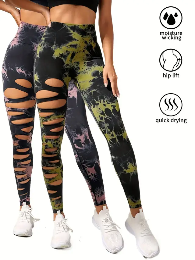 2 Pack Hollow Sexy High Elastic Women's Tie Dye Cutout Tights High Waist Workout Yoga Leggings, Scrunch Butt Lifting Elastic Pants, Tummy Control Butt Lifting Workout Yoga Athletic Pants 2Pack17 - Shop at LoveMi