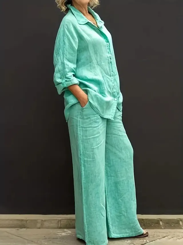 Solid Color Two piece Set, Casual Botton Front Long sleeved Shirt & Elasticated Waist Pants Green - Shop at LoveMi