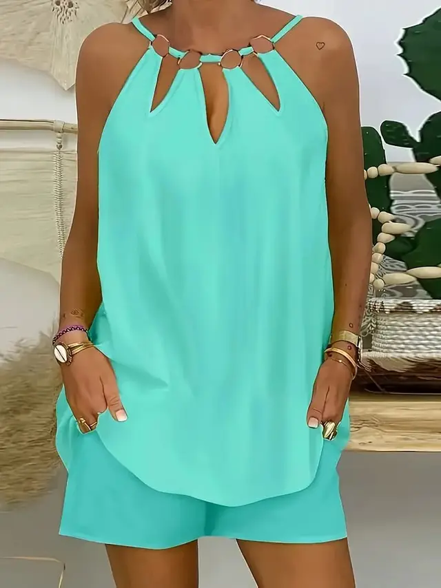 Solid Color Casual Shorts Suit, Ring Detail Cut out Front Halter Top And Elasticated Waist Shorts Blue - Shop at LoveMi