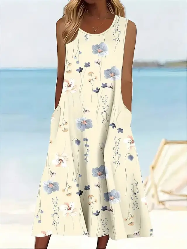 Plus size Floral Print Pocket Sundress, Casual Sleeveless Round Neck Mid length Dress Apricot - Shop at LoveMi