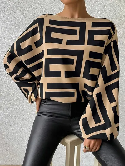 Autumn Winter Spring New Random Print Off the shoulder Elegant Casual Top Brown - Shop at LoveMi