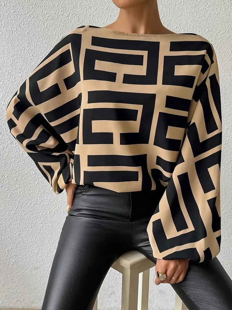 Autumn Winter Spring New Random Print Off the shoulder Elegant Casual Top Brown - Shop at LoveMi