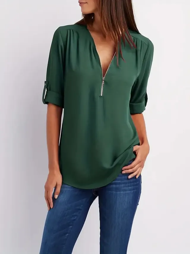 Simple V neck Shirt, Casual Pleated Half zip Shirt With Rolled up Sleeves Green - Shop at LoveMi