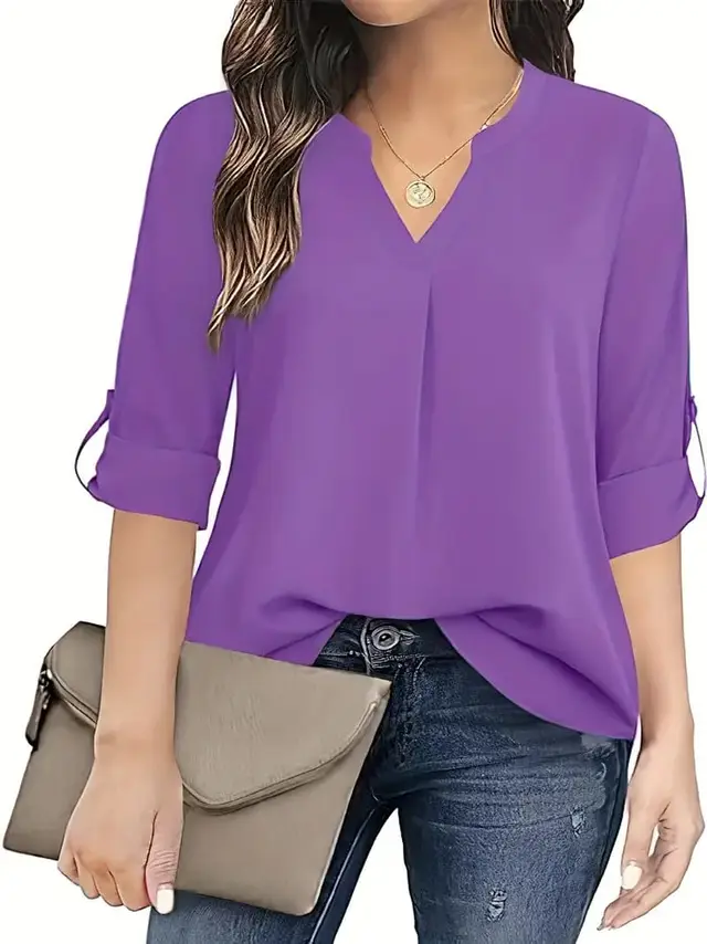 Solid Color Simple Blouse, Casual V neck Long Sleeves Purple - Shop at LoveMi