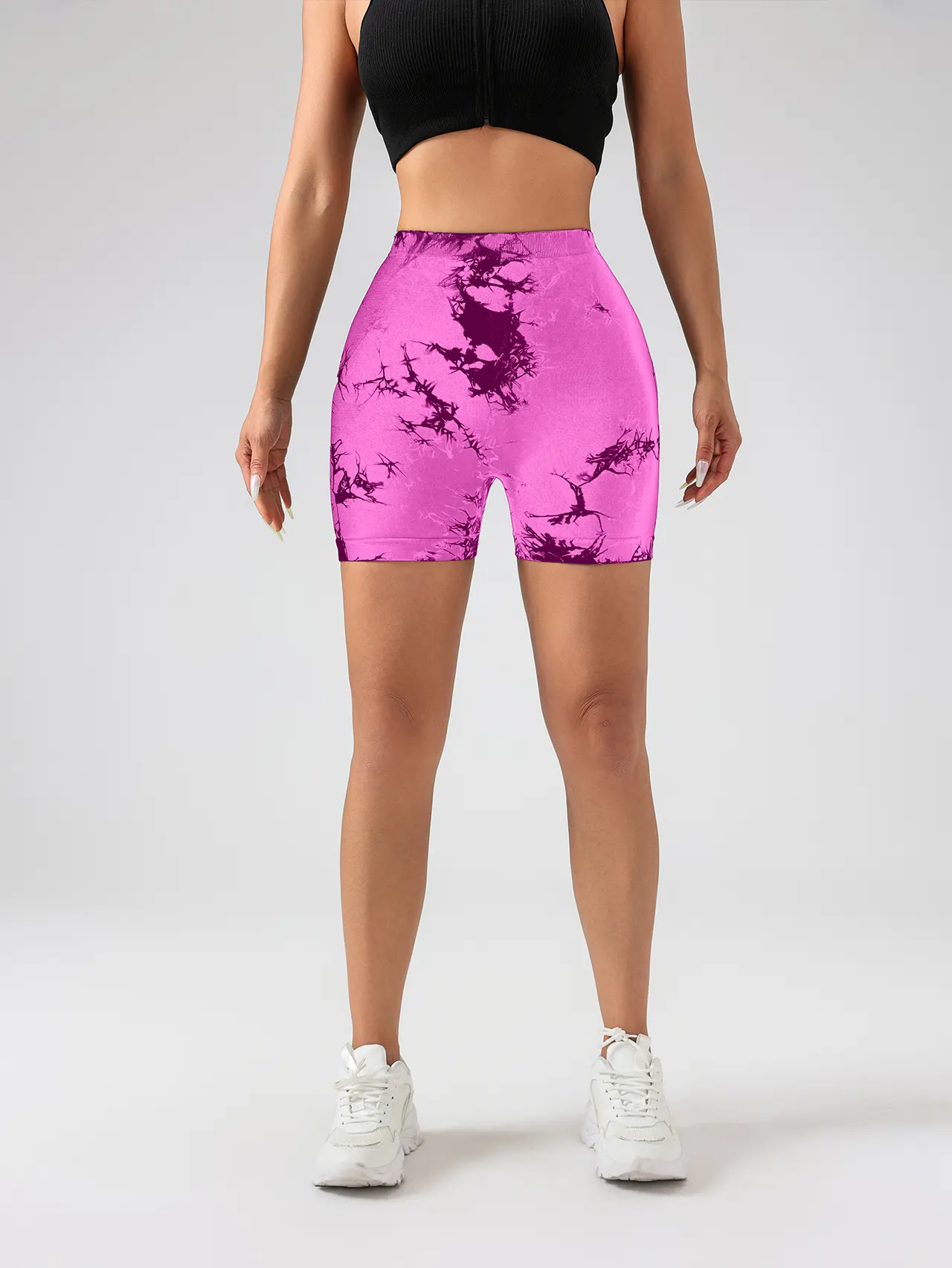 Women's Tie Dye High Waist V-Back Scrunch Yoga Shorts, Seamless Sport Athletic Shorts With Stretch Fabric, Fitness Workout Bottoms - Pink