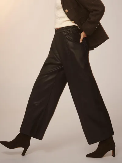 Elastic Waist Wide Leg Leather Pants Black - Shop at LoveMi