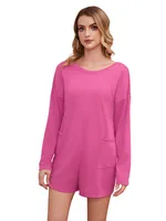Women's Long Sleeved Solid Color Jumpsuit Shorts - Rose Red