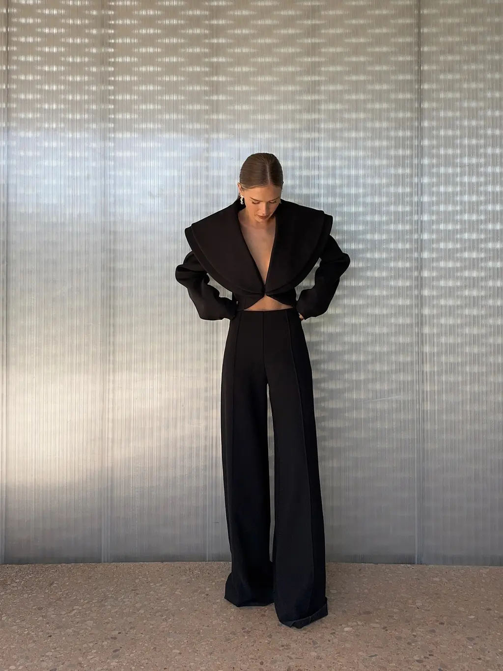 Solid Colour Special Collar Short Blazer & High Waist Pants Set - Black
