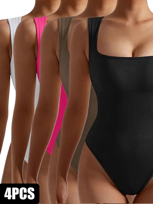 4 Pack Women Jumpsuit Workout Romper Short Sleeve Gym One Piece Bodycon Unitards Tummy Control Yoga Bodysuit 4Pack2 - Shop at LoveMi