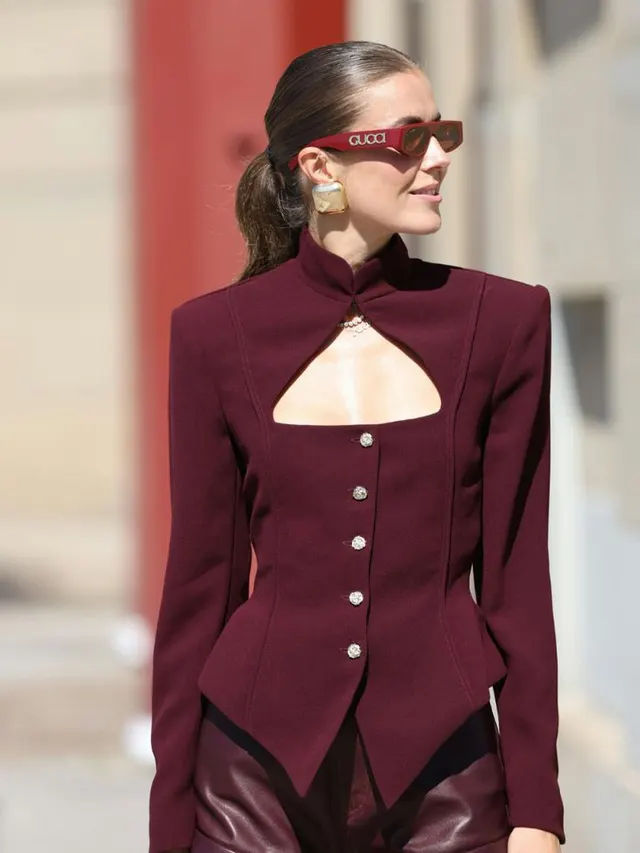 Burgundy Stand Collar Long Sleeve Top Burgundy - Shop at LoveMi