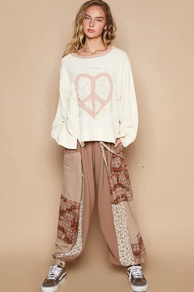 POL Round Neck Long Sleeve Thermal Knit Patch Top Cream - Shop at LoveMi