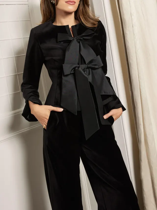 Black Velvet Bow Jacket & Wide leg Pants Suit Black - Shop at LoveMi