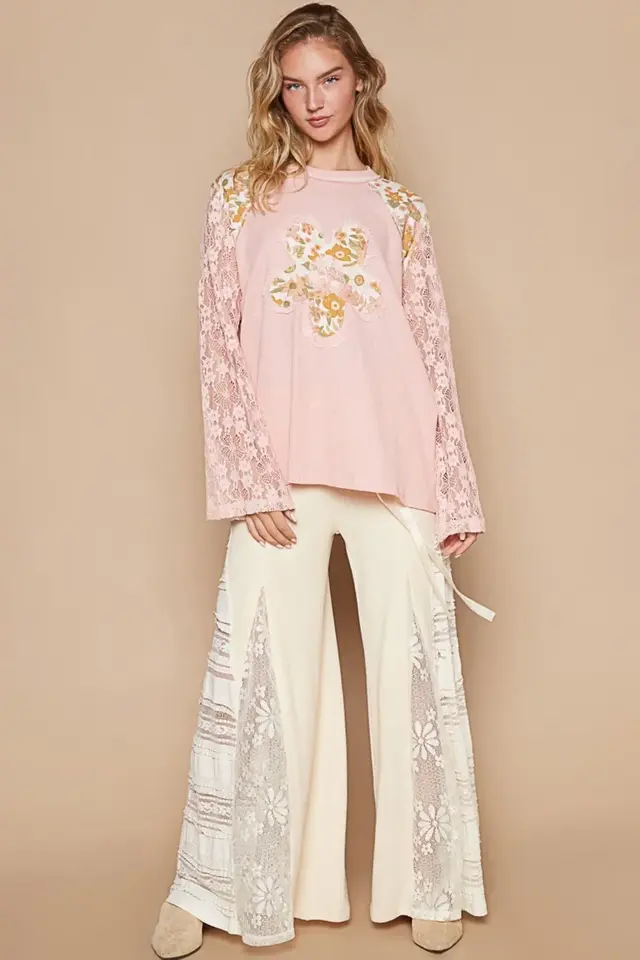POL Flower Patch Lace Sleeve Knit Top Dusty Pink - Shop at LoveMi