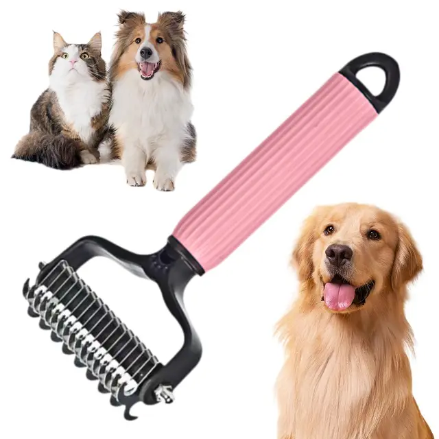 Upgraded Pet Safe Dematting Comb For Dogs Cats Deshedding Undercoat Rake With Double Sided Stainless Steel Teeth Dogs Cats Grooming Brush For Detan... Pink - Shop at LoveMi