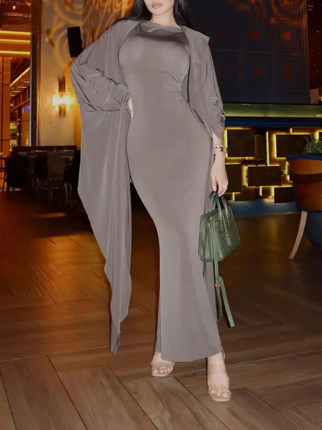 Solid Color Sleeveless Bodycon Dress Cardigan Two piece Set Brown - Shop at LoveMi