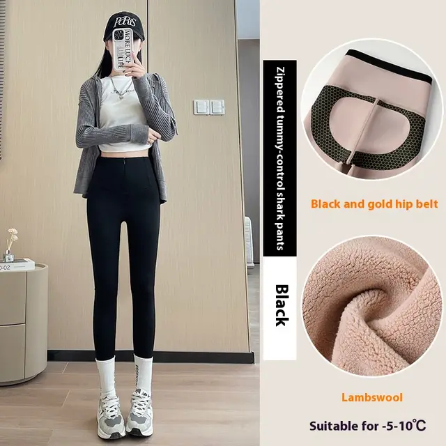 Belly controlling Butt Lifting Leggings With Three breasted Design Winter High Waist Slim Zippere Pants Warm Velvet And Thickened Trousers Women Clothing Black Comfortable - Shop at LoveMi