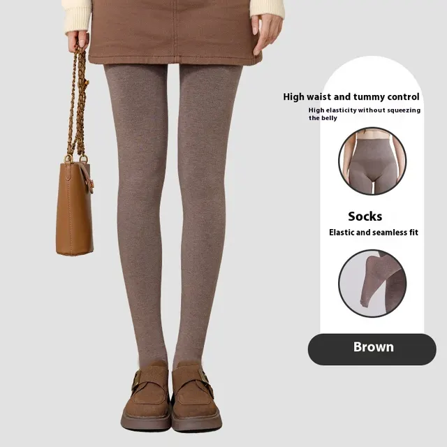 Winter High Waist Leggings With Sock Fashion Slim Pantyhose Warm Thin Legs Pants Women Clothing Coffee Color Connected Feet - Shop at LoveMi