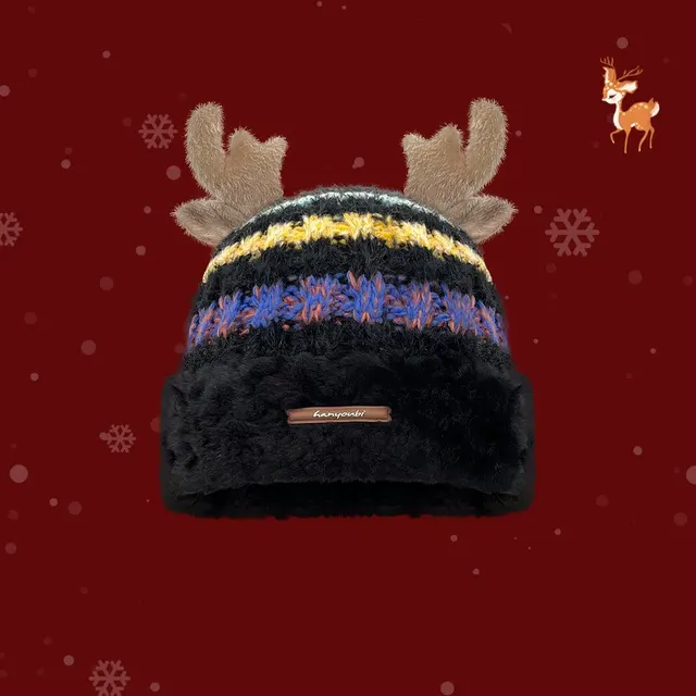Christmas Knitted Hat With Cute Deer Antler Winter Warm Thick Hat For Girls Women Black - Shop at LoveMi