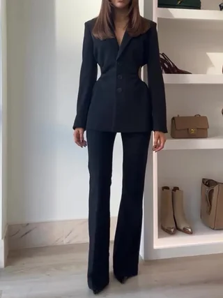 Black Waist Cutout Blazer High Waist Pants Suit - Black