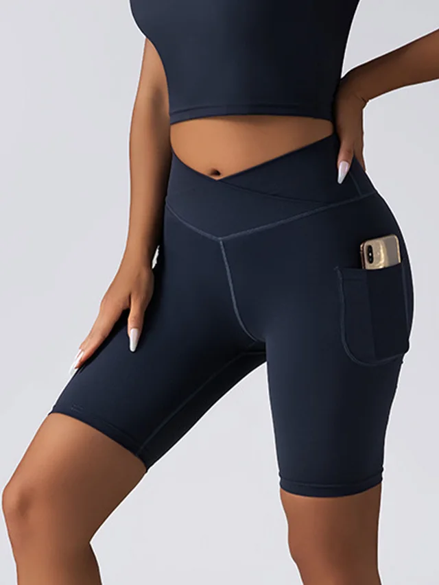 Biker Shorts Women Tummy Control No Seam High Waist Yoga Gym Workout Running Volleyball Shorts With Pockets Navy Blue - Shop at LoveMi