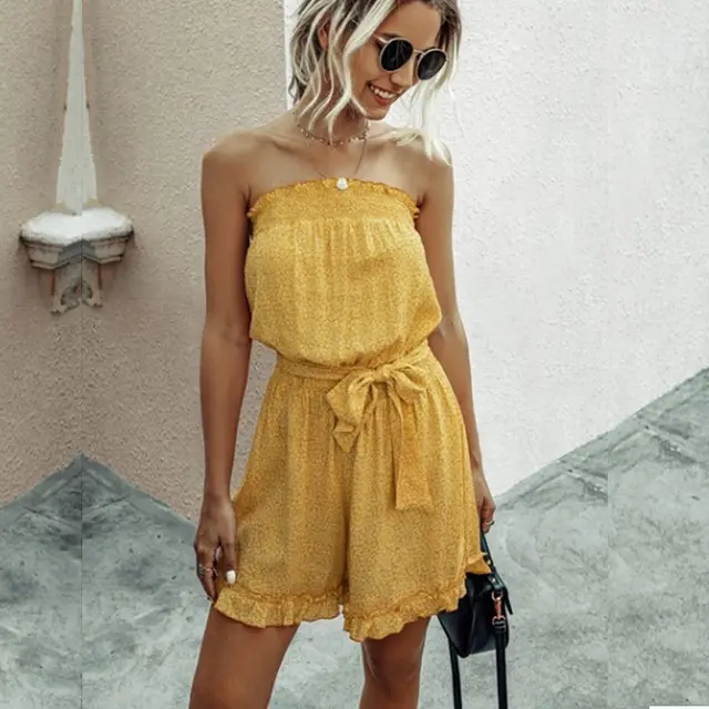 Floral color shoulder multi color belt jumpsuit Yellow - Shop at LoveMi
