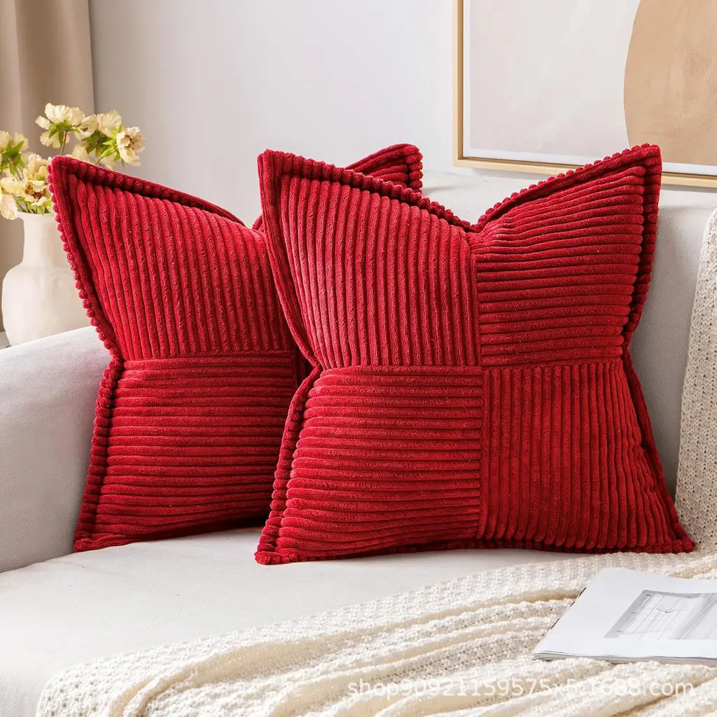 Corduroy Pillow Covers Super Soft Boho Striped Pillow Covers Broadside Decorative Textured Christmas Throw Pillows For Couch Cushion Livingroom - Red