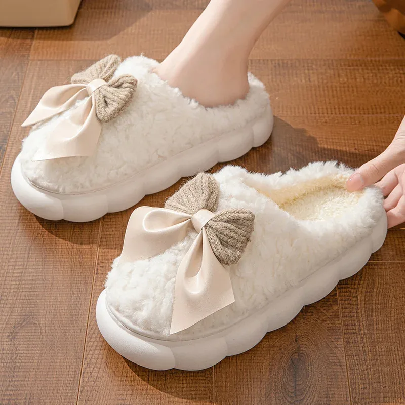 Winter Warm Fur Slippers For Women Cute Bow House Non Slip Soft Shoes Comfort Flat Heel Home Indoor Bedroom Plush Slippers White - Shop at LoveMi