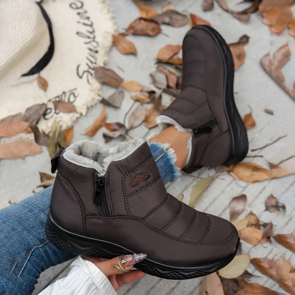 Winter Snow Boots WIth Side Zipper Casual Warm Plush Flat Shoes Women's Fleece Ankle Boot Coffee - Shop at LoveMi