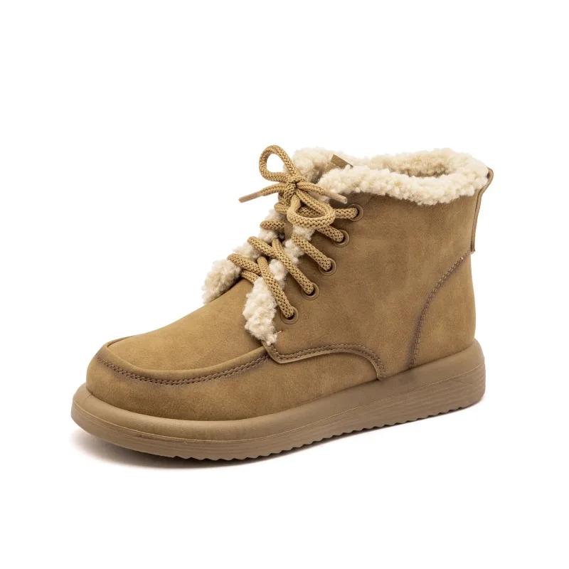 Lace up Plush Snow Boots Winter Warm Fleece Flat Shoes For Women Fashion Casual Ankle Boot Camel - Shop at LoveMi
