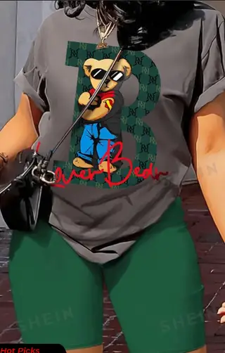 Bear Printed T-Shirt And Solid Colour Shorts Set - Multicolor2 - View 1