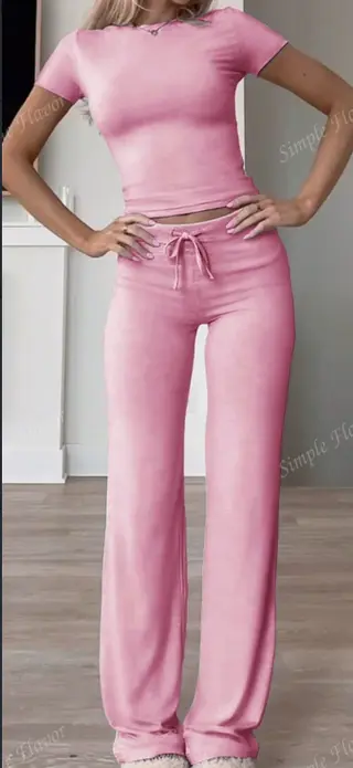 2pcsSet Casual Solid Color Short Sleeve T-Shirt And Pants, Spring And Summer - Pink