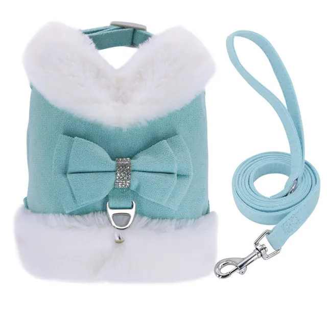 Cute Warm Small Dog Harness And Leash Set With Bow Tie, Soft Padded Puppy Harness With Removable Fur Collar, Adjustable Girl Dog Harness With Quick... Blue - Shop at LoveMi