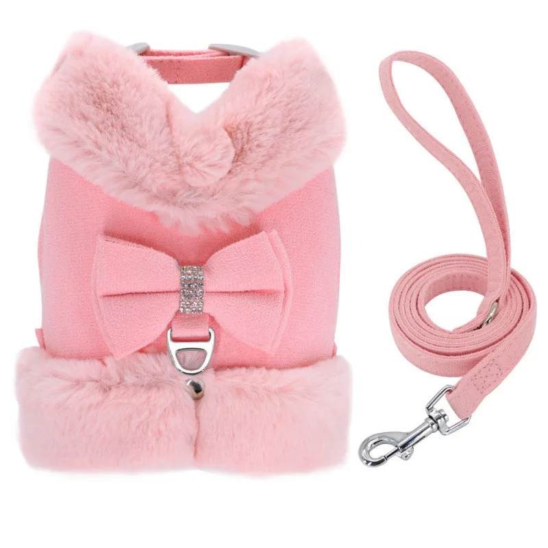Cute Warm Small Dog Harness And Leash Set With Bow Tie, Soft Padded Puppy Harness With Removable Fur Collar, Adjustable Girl Dog Harness With Quick... - View 1