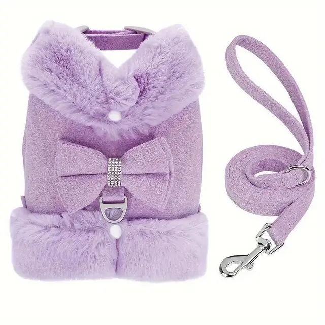 Cute Warm Small Dog Harness And Leash Set With Bow Tie, Soft Padded Puppy Harness With Removable Fur Collar, Adjustable Girl Dog Harness With Quick... Purple - Shop at LoveMi