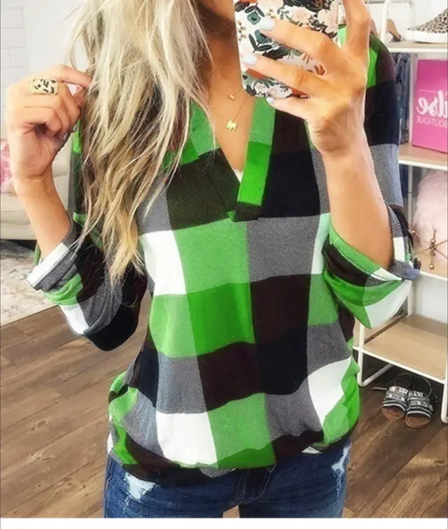 Casual Plaid Shirt, Long Sleeve V neck Shirt, Casual Every Day Tops, Women's Clothing Green - Shop at LoveMi