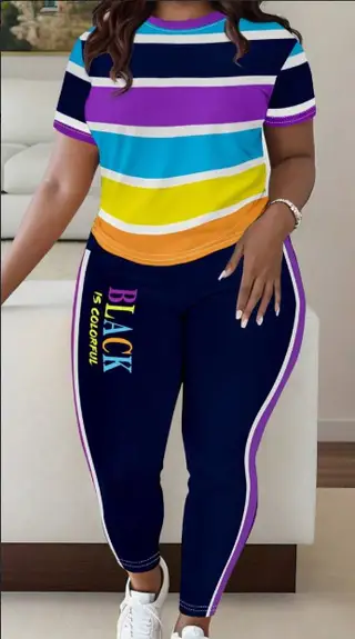 Women Fashionable Colorful Stripe Print T-Shirt And Pants Casual Set - Multicolor