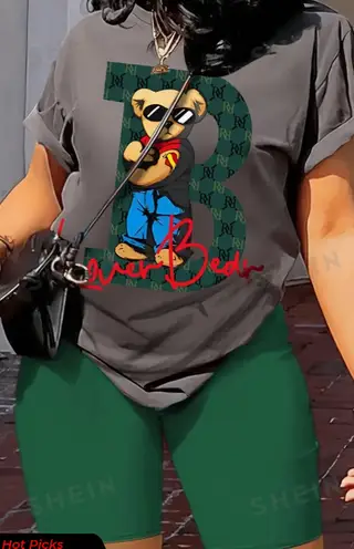 Slayr Bear Print T-Shirt And Solid Colour Shorts Set - Multicolor1