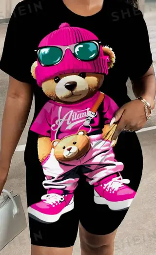 Slayr Casual Printed Cute Bear Pattern Set For Women, Suitable For Summer - Purple