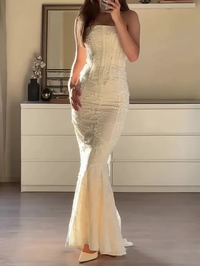 Sexy Embroidered Strapless Butt covering Two piece Dress White - Shop at LoveMi